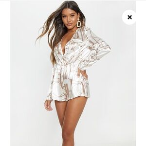 Pretty Little Thing Cream Satin Geo Print Romper 12